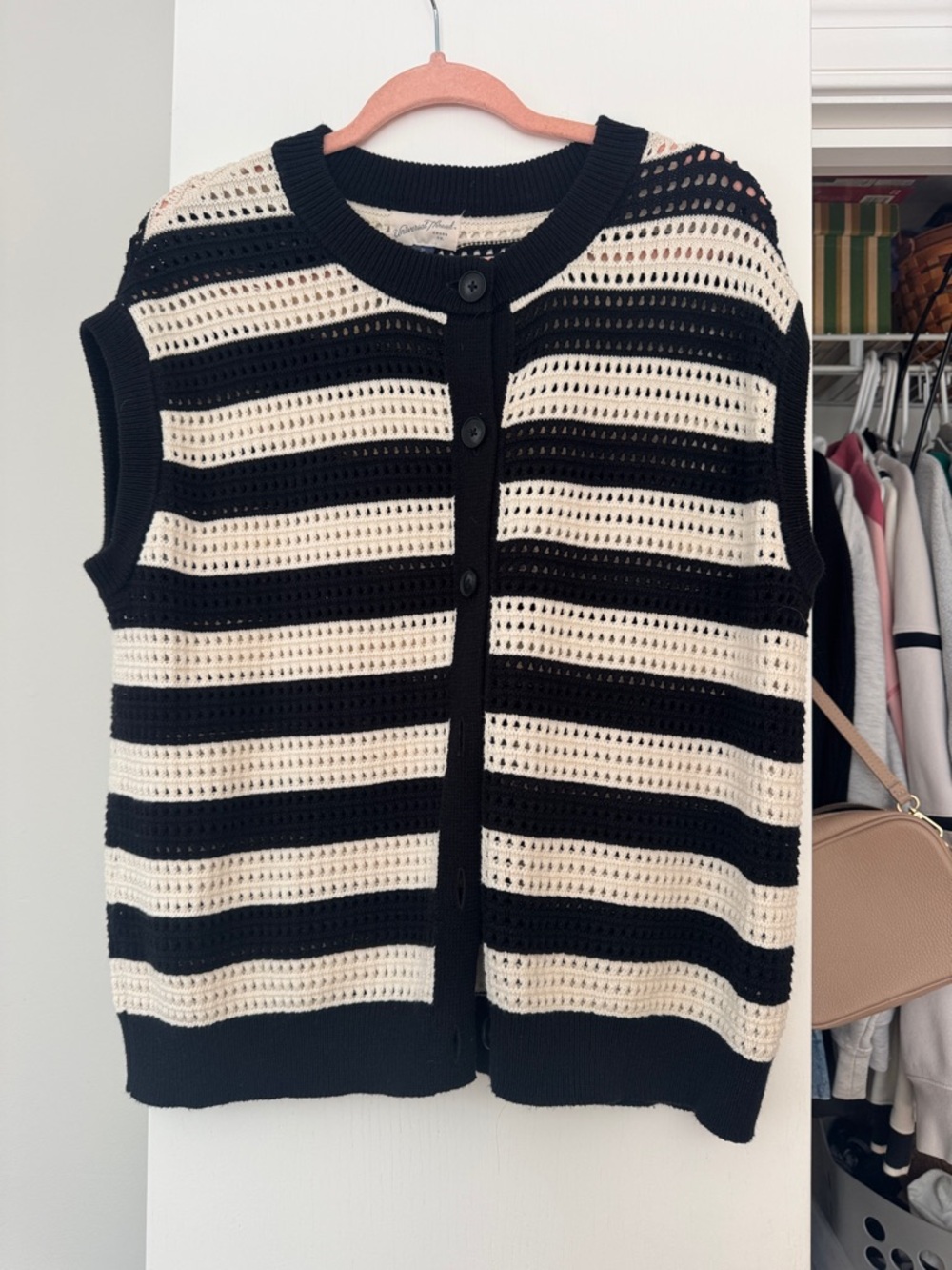 Universal Thread Black and Cream Striped Sleeveless Button Cardigan